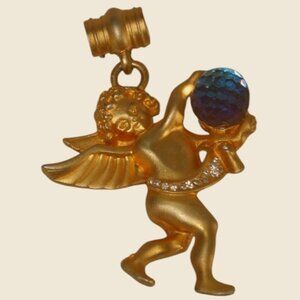 Vintage Gold Matte Angel Pendant with Rhinestones – Crystal Ball Detail